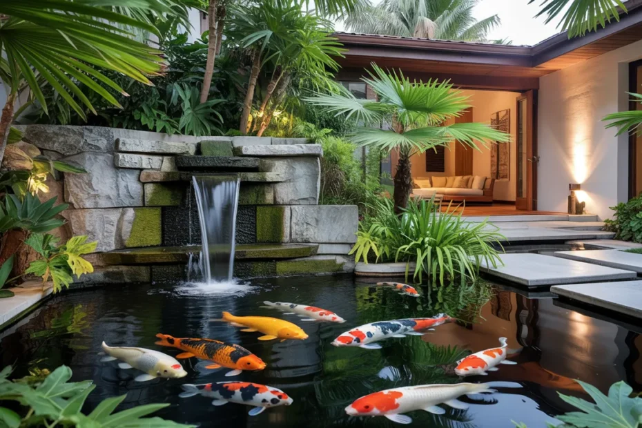 Luxury fountain and pond design featuring waterfalls, koi ponds, tropical landscaping, rain curtain fountains, and modern outdoor living inspiration.