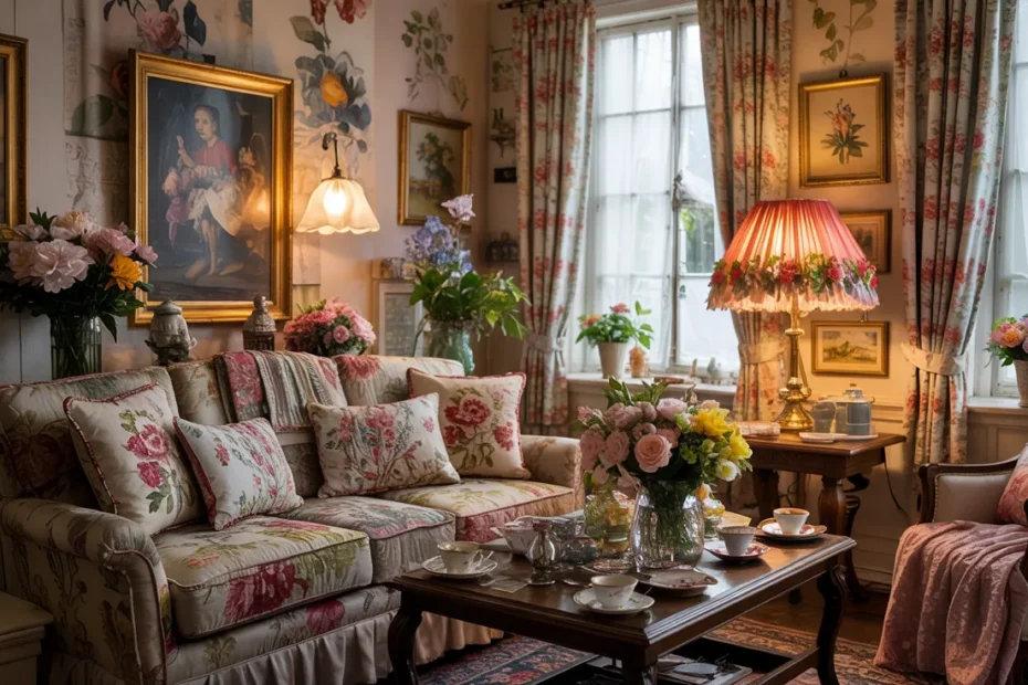 Vintage grandma aesthetic home interior with floral wallpaper, layered cozy lighting, antique decor, floral furniture, lace curtains, tea nook, vintage books, candles, and whimsical cottagecore charm.