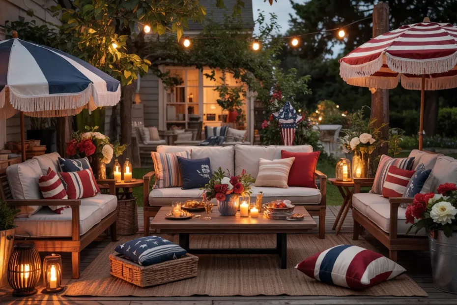 Stylish 4th of July home decor cover photo featuring patriotic porch styling, cozy backyard patio lounge, festive dining table, string lights, and elegant red white and blue summer decor.