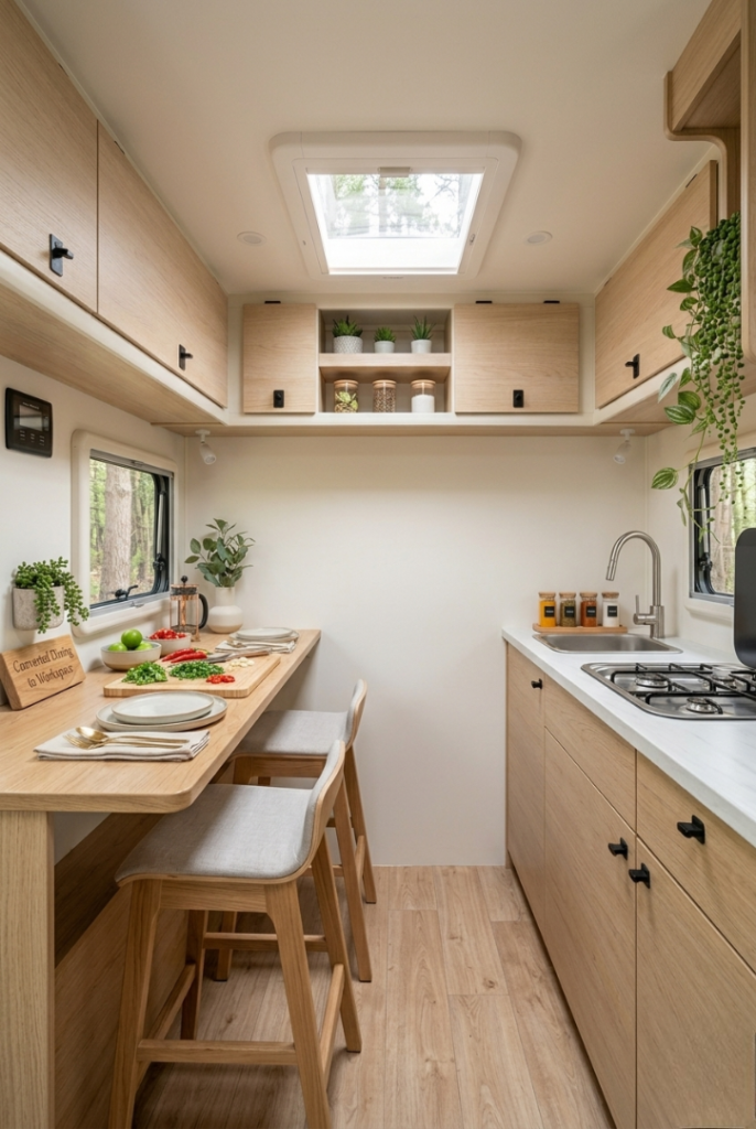 A multi-functional RV interior showcasing a convertible dinette-to-prep station.
