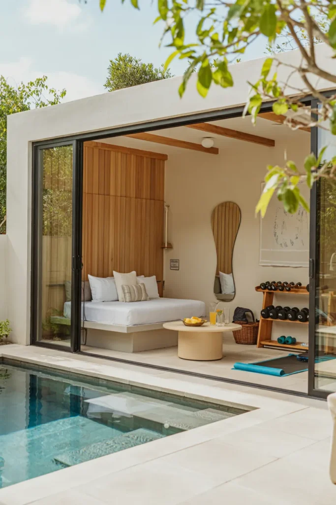 Dual-zone pool house guest suite with a cozy sleeping area and a compact home gym, opening to a bright summer pool with a fresh and functional layout.