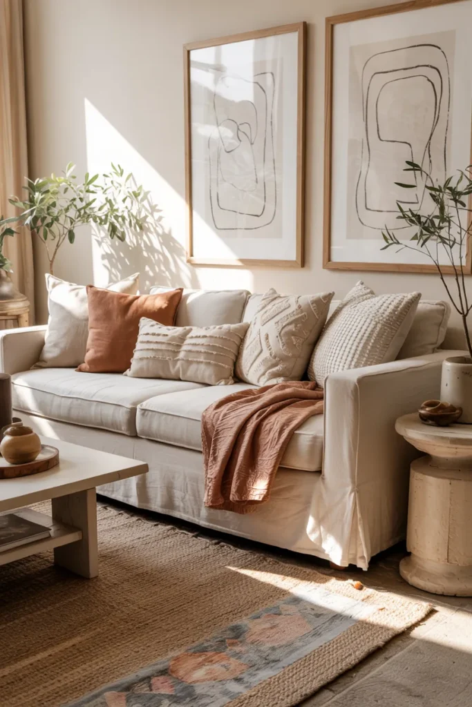 Cozy modern boho living room with a soft earthy color palette, cream linen sofa, olive and terracotta accents, layered rugs, warm wood furniture, woven decor, and golden natural sunlight.