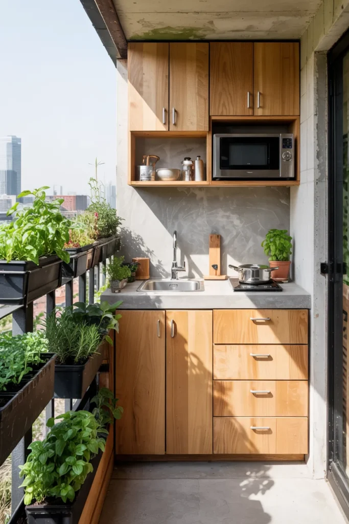 Tiny sustainable eco balcony kitchen with reclaimed wood cabinetry, compact herb garden, composting system, open black railings, and modern eco-friendly small-space styling.
