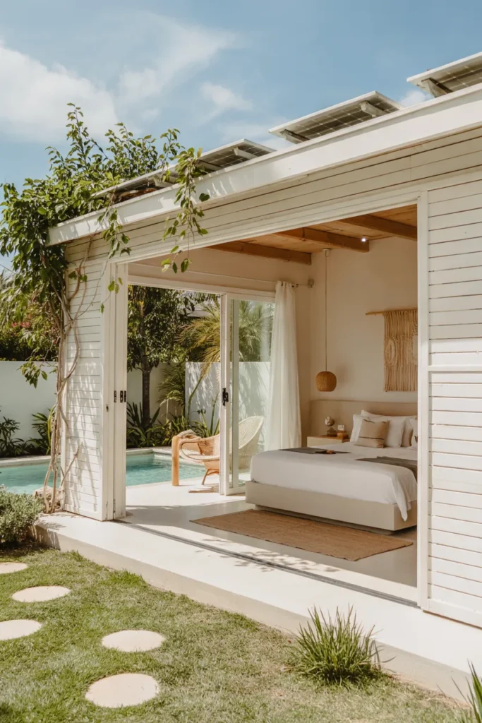 Eco-smart wellness pool house guest suite with solar panels, natural materials, organic textures, and a bright summer pool surrounded by sustainable tropical landscaping.