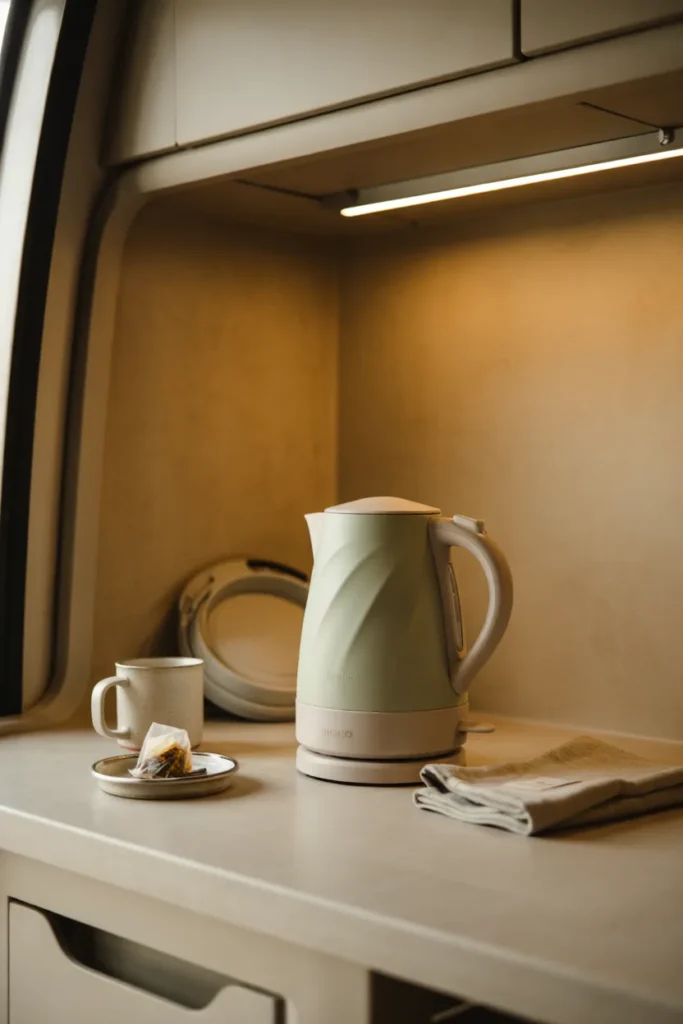 RV kitchen with foldable electric kettle on a small countertop, showing a collapsible, travel-friendly appliance 