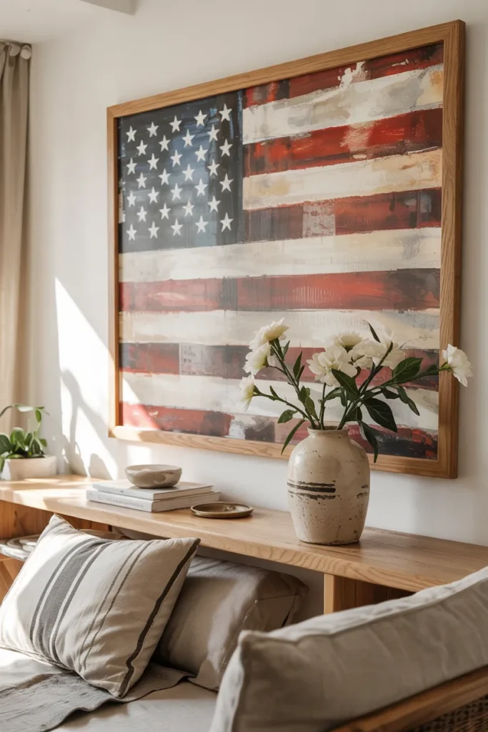 Modern living room with subtle flag-inspired abstract art in muted red, white, and blue tones for a stylish patriotic 4th of July look.