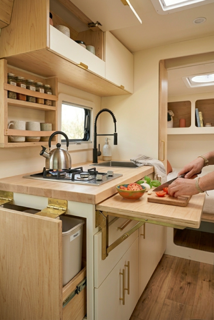a clever RV kitchenette, focusing on a deployed wooden fold-down counter extension next to a small sink and stovetop, actively used for slicing tomatoes and herbs. The light wood and natural daylight create a clean, fresh, and space-optimized aesthetic.