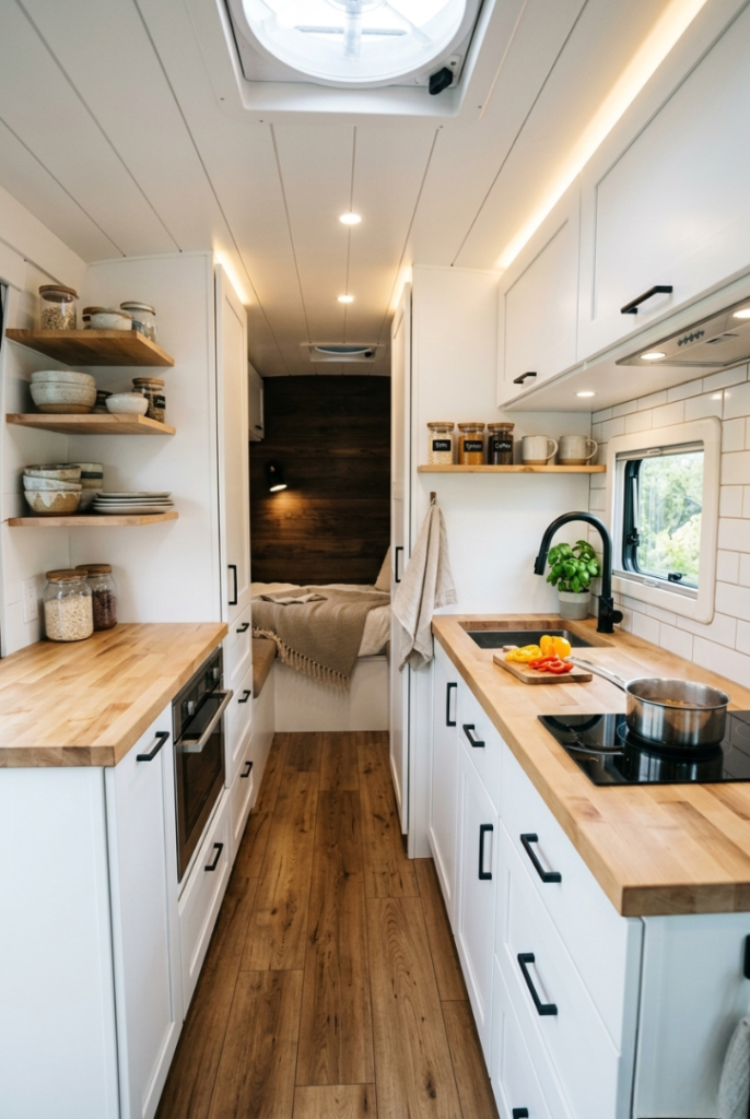 Compact RV galley kitchenette with parallel counters, everything within arm’s reach, featuring clean white cabinets and efficient space-saving layout