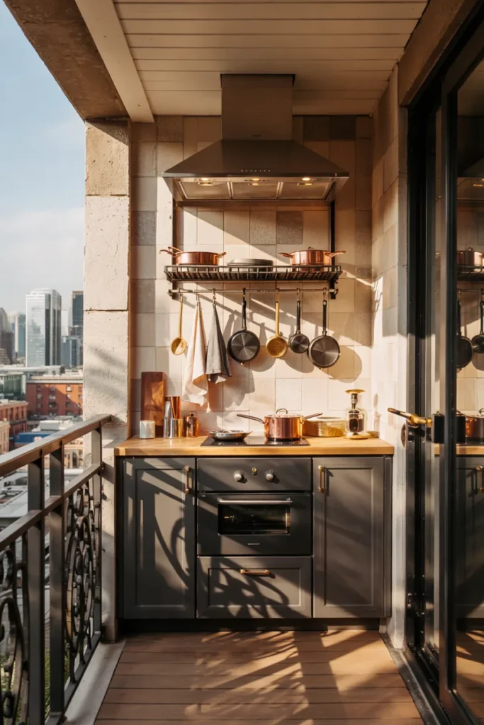 Modern narrow balcony kitchen with a hanging pot rail system, charcoal cabinetry, copper cookware, open black railings, and stylish small-space apartment design.