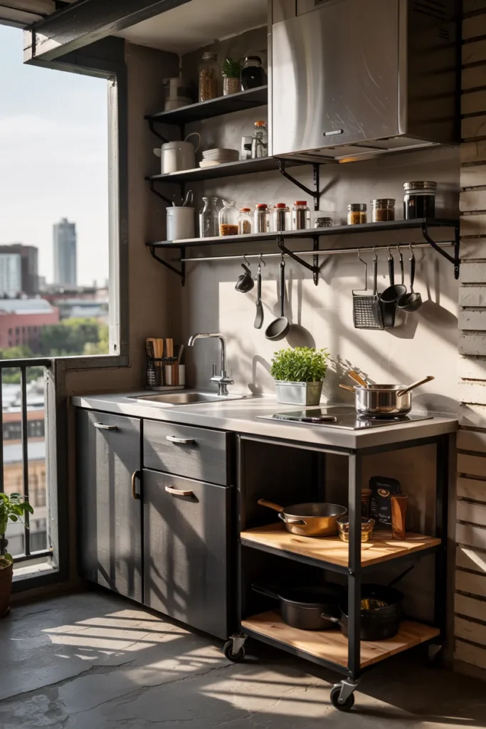 Tiny industrial balcony kitchen with concrete countertop, black steel shelving, compact metal kitchenette, open railings, and edgy modern small-space apartment styling.
