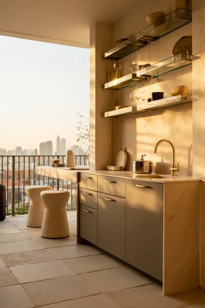 Modern luxe narrow balcony kitchen with travertine countertops, sleek greige cabinetry, brass accents, floating bar ledge, and high-end compact apartment styling.