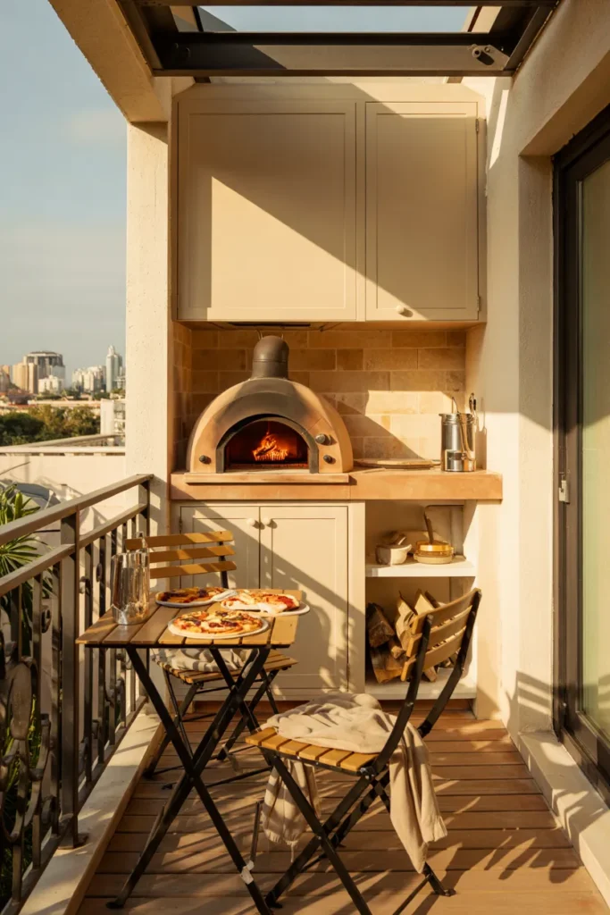 Small modern balcony kitchen with a micro pizza oven corner, cream cabinetry, open black railings, teak flooring, and a cozy social cooking setup.