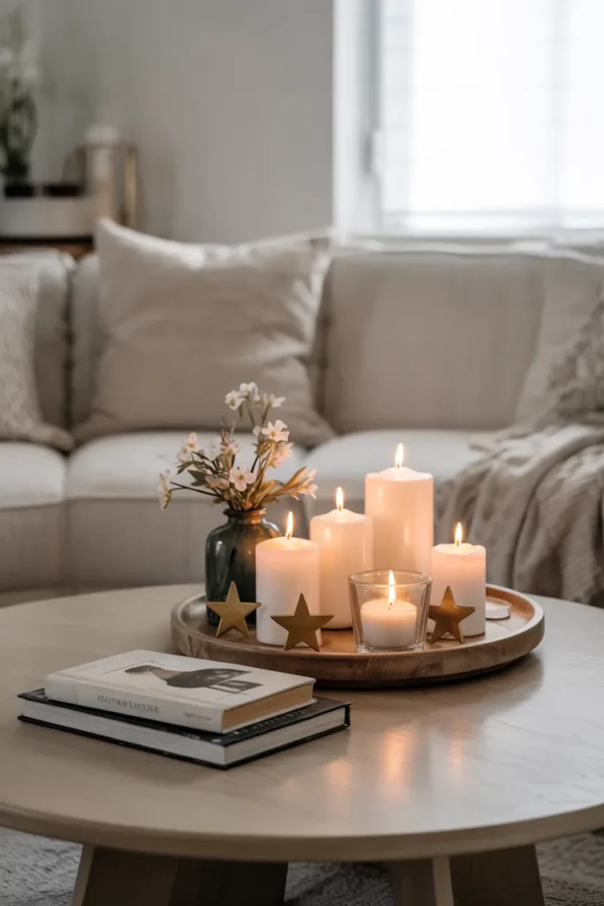 Minimal patriotic coffee table styling with tray, candles, and subtle star accents in a bright modern living room