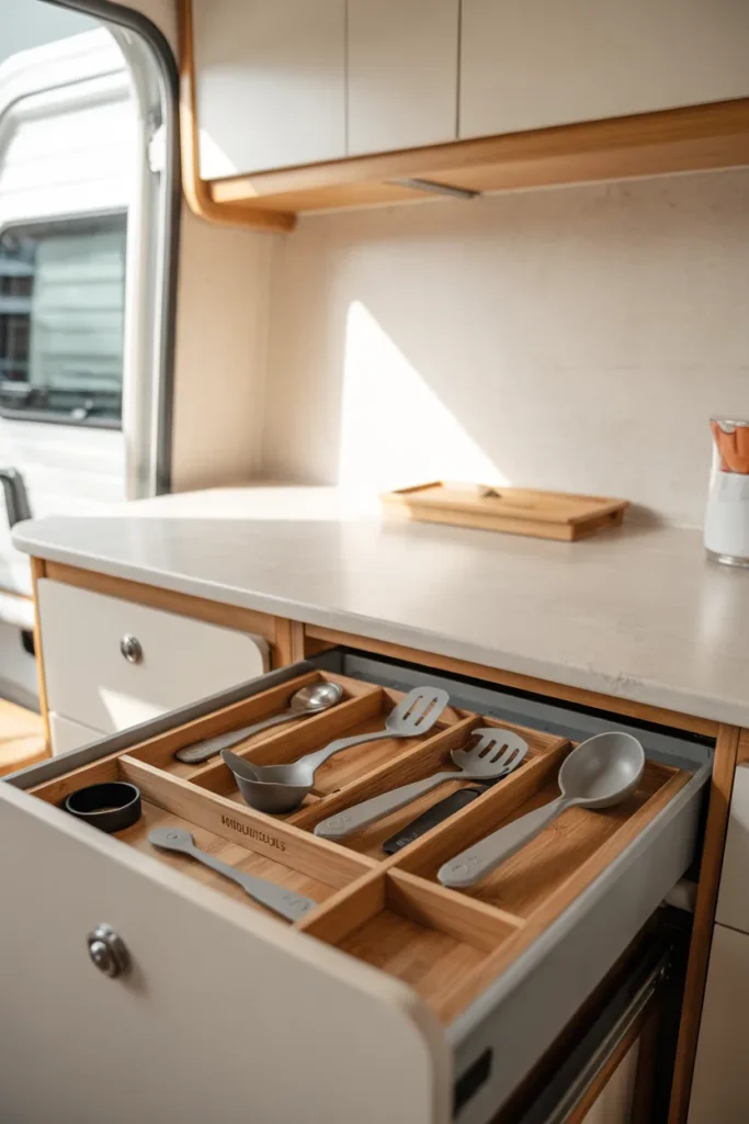 RV kitchenette drawer showing neatly organized 3-in-1 multi-use utensils in a clean, minimal space-saving design with warm lighting and wooden dividers.