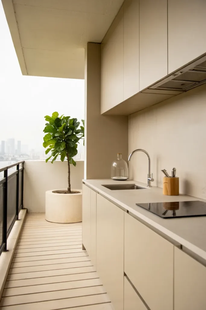 Minimalist modern narrow balcony kitchen with white handleless cabinetry, quartz countertop, open black railings, and a clean clutter-free design aesthetic.