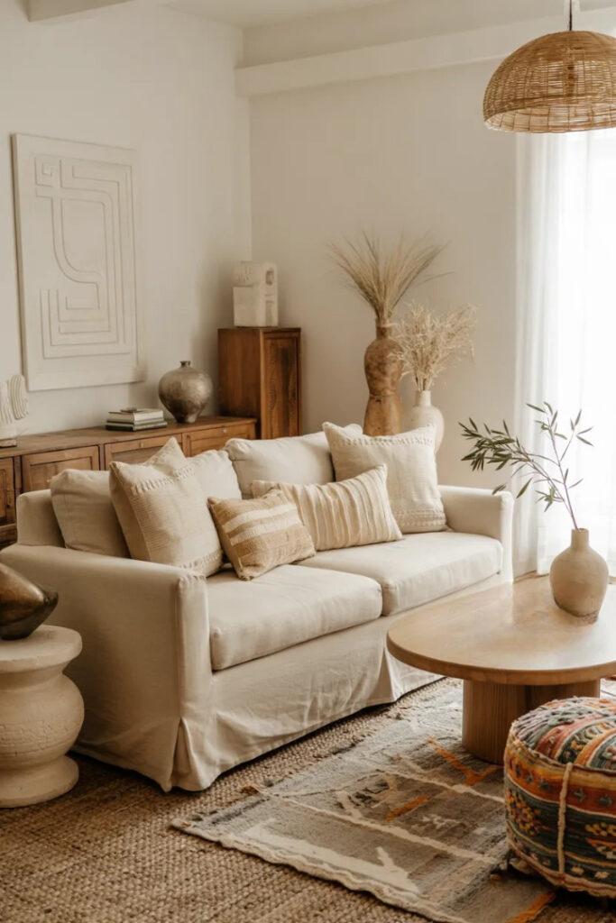 Modern boho living room mixing modern cream furniture with vintage wood accents, layered earthy colors, textured rugs, ceramic decor, soft ambient lighting, and warm golden natural sunlight.