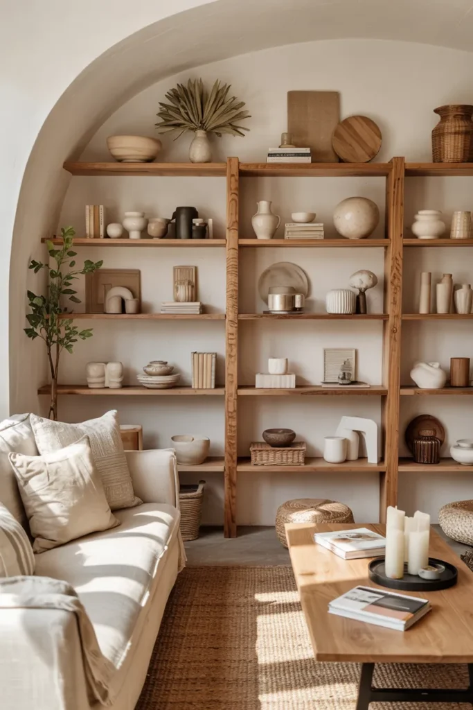 Modern boho living room with artful open shelving, textured ceramics, woven baskets, framed prints, warm wood furniture, earthy decor, and soft golden natural sunlight.