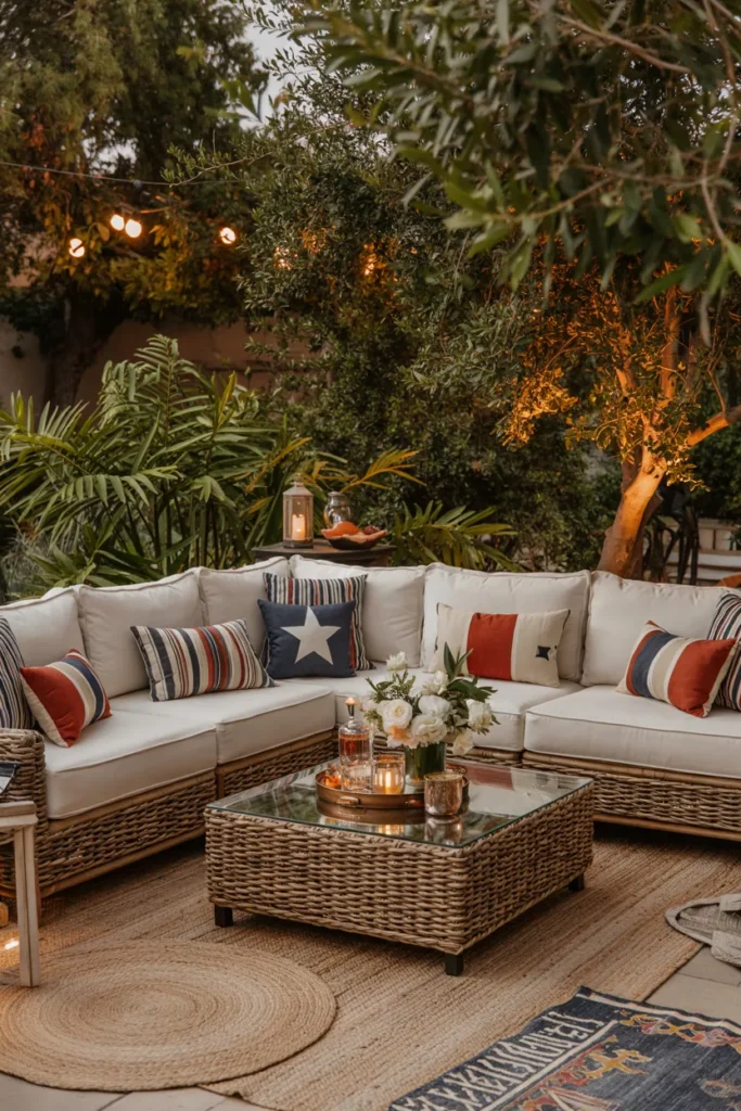 Backyard patio outdoor lounge with deep seating, layered cushions in muted red white and blue, and cozy summer party lighting