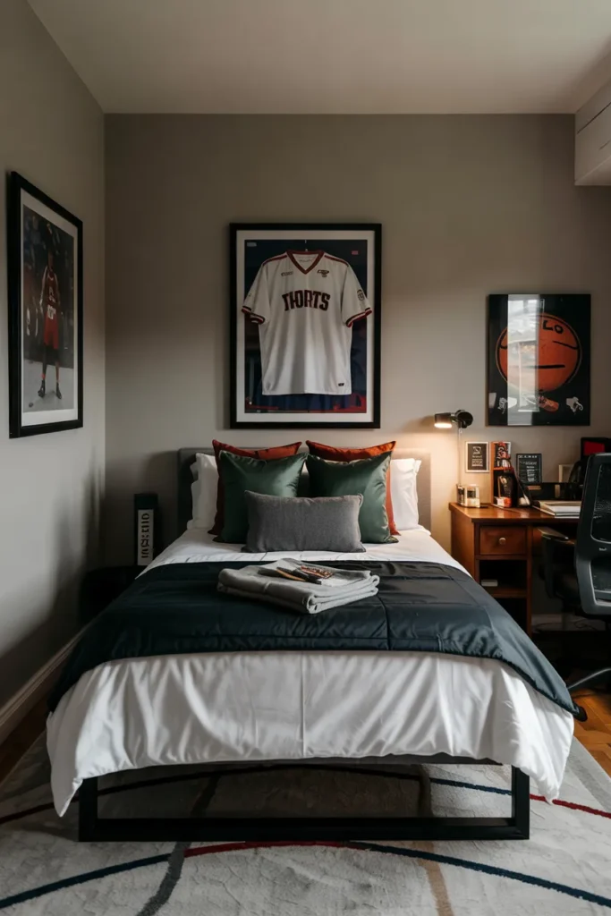 Modern sports-inspired dorm room with framed jersey wall art, navy and charcoal bedding, minimalist desk setup, athletic decor, clean masculine styling, and compact organized layout.