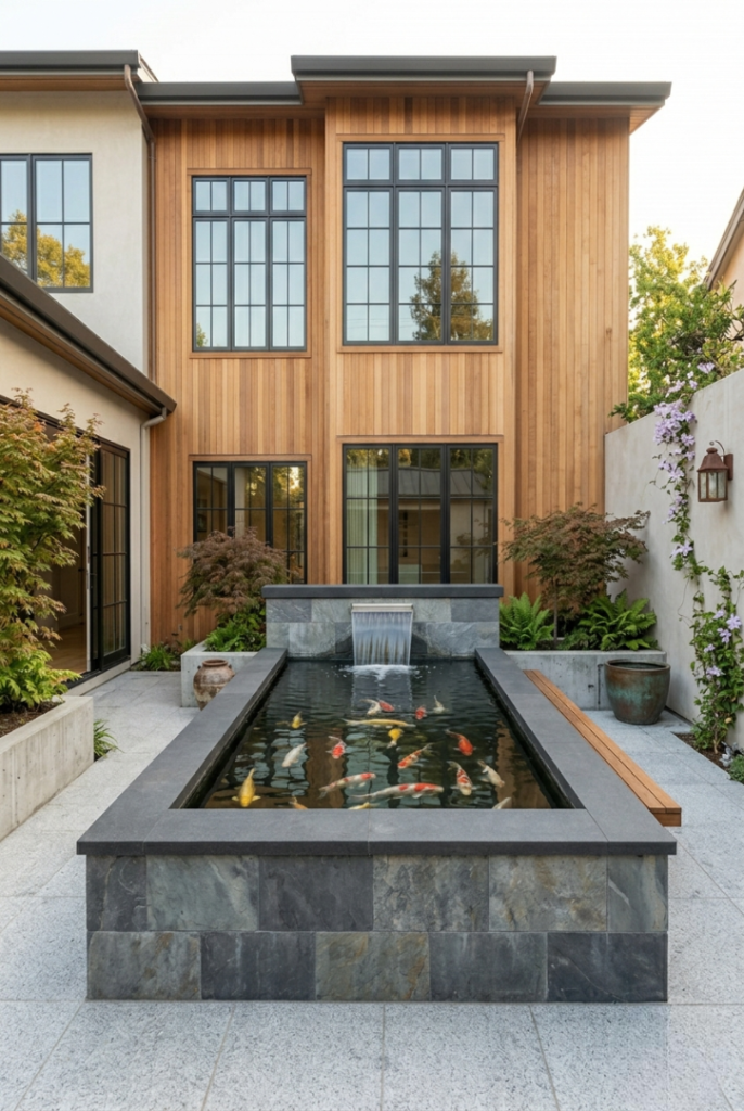 A bright modern transitional courtyard featuring a waist-high, above-ground rectangular koi pond. The pond is built up on top of the stone patio with thick, textured gray tiled walls, creating an elevated pool where colorful koi fish swim. A sleek metal waterfall spillway pours into the basin, and a built-in wood bench is attached to the side of the raised structure. The background shows a spacious, minimalist house with large windows under bright daylight.