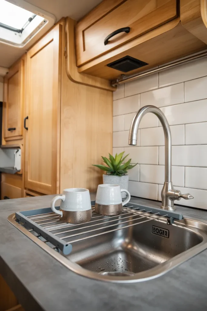 A stainless steel roll-up dish drying rack unrolled over a compact RV sink. The rack holds a few clean ceramic mugs.