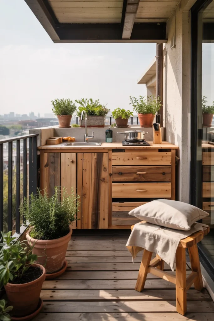 Small rustic wood balcony kitchen with weathered wood cabinetry, terracotta pots, warm earthy textures, open black railings, and a cozy natural compact design.