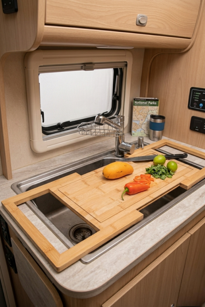A thick teak wood cutting board fitted perfectly over a RV sink. Fresh limes and mint are being prepped on the board, surrounded by wood cabinetry and a white quartz counter.