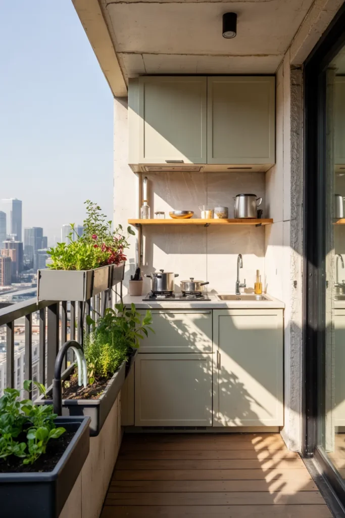 Small modern balcony kitchen with a smart irrigation herb garden, compact sage kitchenette, open black railings, teak flooring, and sleek automated watering system.