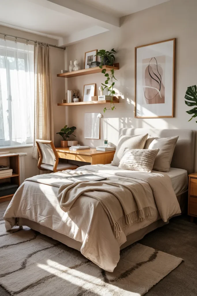 Soft minimalist cream dorm room with neatly made single bed, beige layered bedding, curved decor, study desk, warm lighting, compact storage, and cozy Pinterest-worthy styling.
