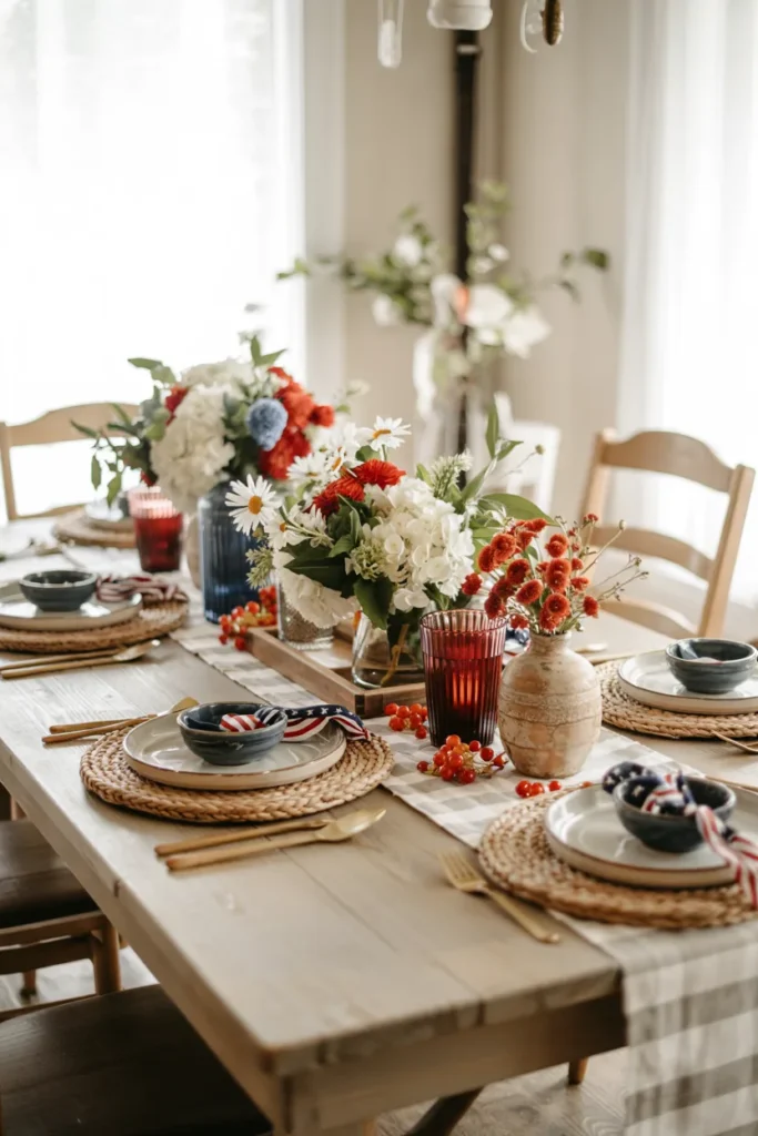 Indoor patriotic dining tablescape with linen, wood, bold red white and blue accents, and fresh summer styling for a USA-themed celebration.