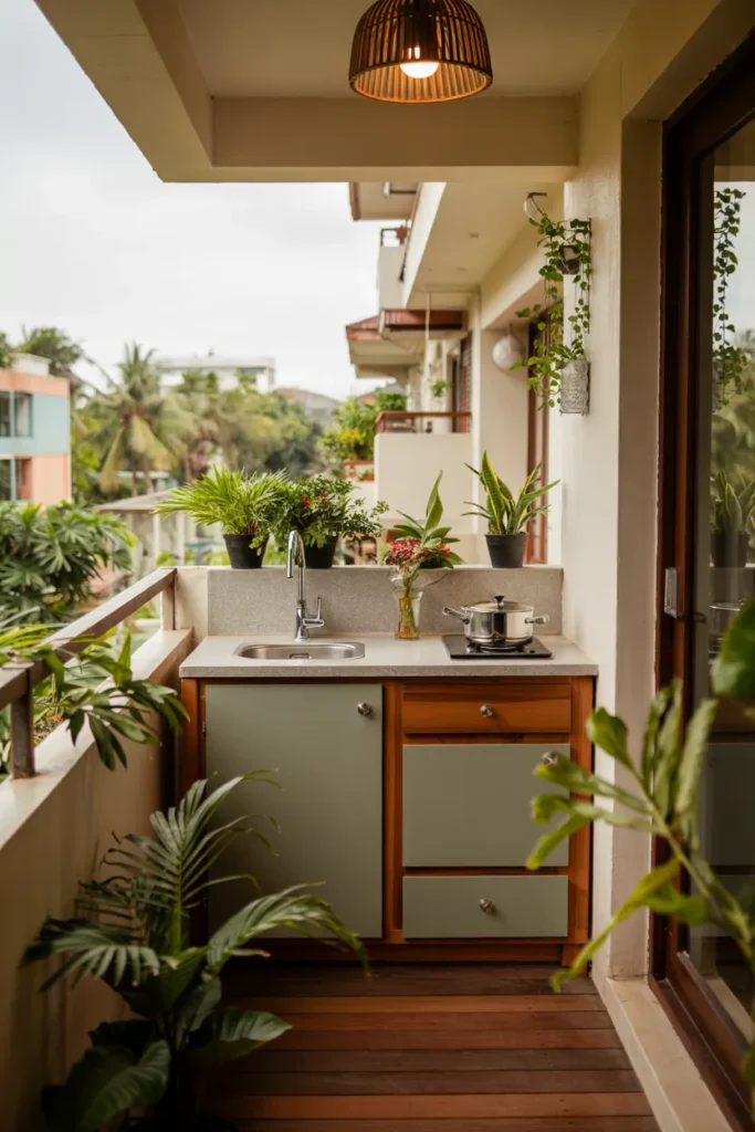 Tiny tropical balcony kitchen with lush greenery, teak accents, compact sage kitchenette, open black railings, and breezy island-inspired small-space styling.