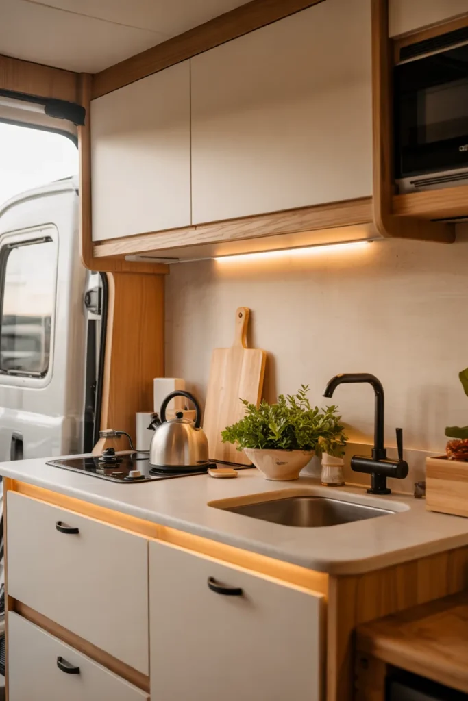 RV kitchenette illuminated by warm under-cabinet LED lighting, creating a cozy glow across a clean countertop with modern minimalist design.