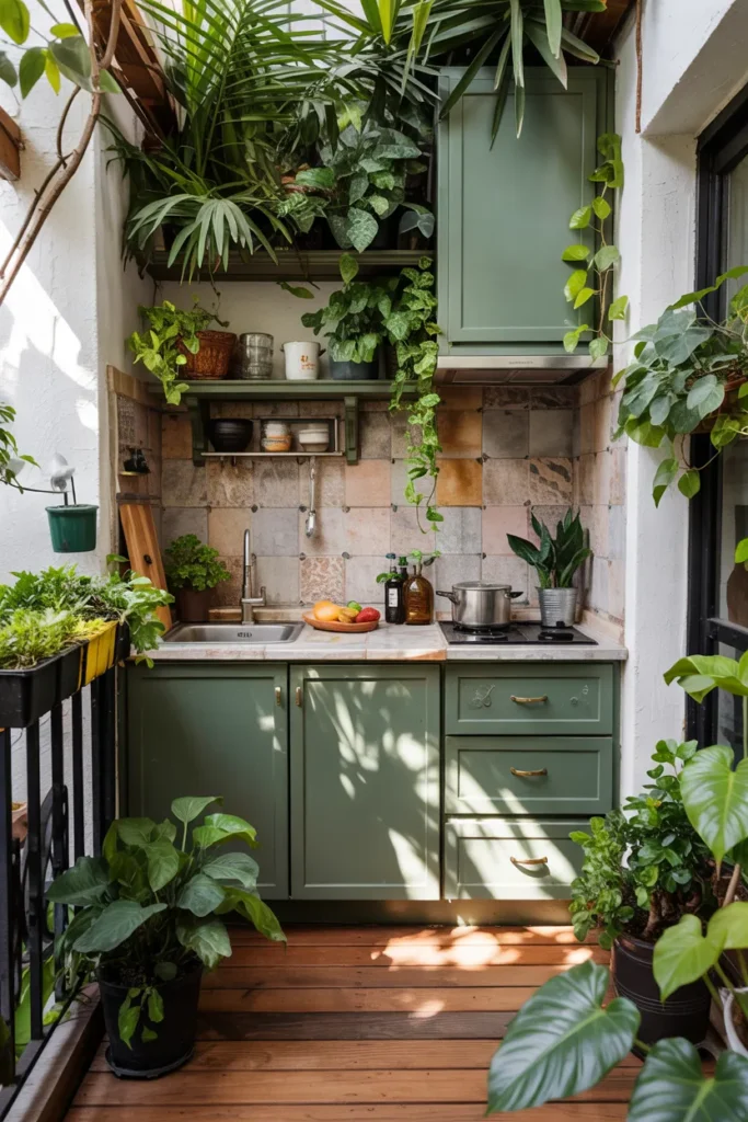 Small modern balcony kitchen with dense urban jungle greenery, compact green kitchenette, open black railings, teak flooring, and a cozy cooking oasis atmosphere.