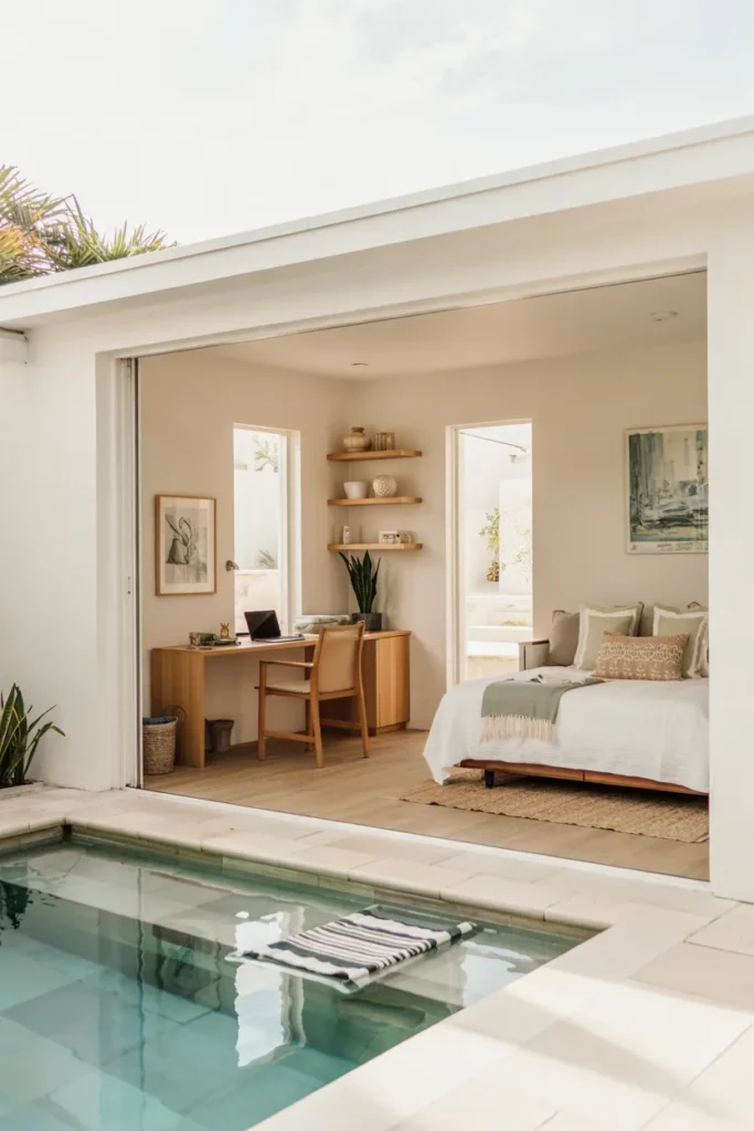 Pool house guest suite with integrated home office, featuring a desk workspace and cozy sleeping area opening to a bright summer pool for a functional work-and-hosting setup.